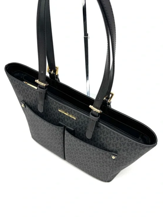 Michael Kors Jet Set Medium Double Pocket Tote Bag Black Signature - Picture 6 of 9